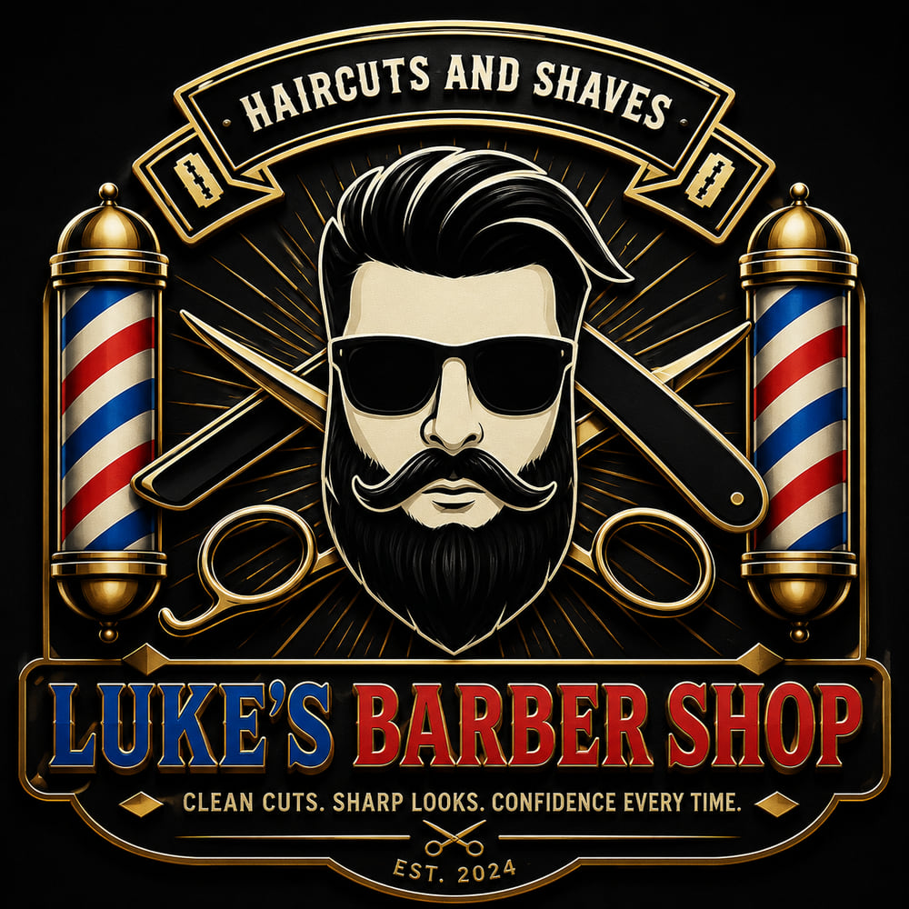 Luke's Barber Shop haircuts and shaves emblem in black, gold, red and blue